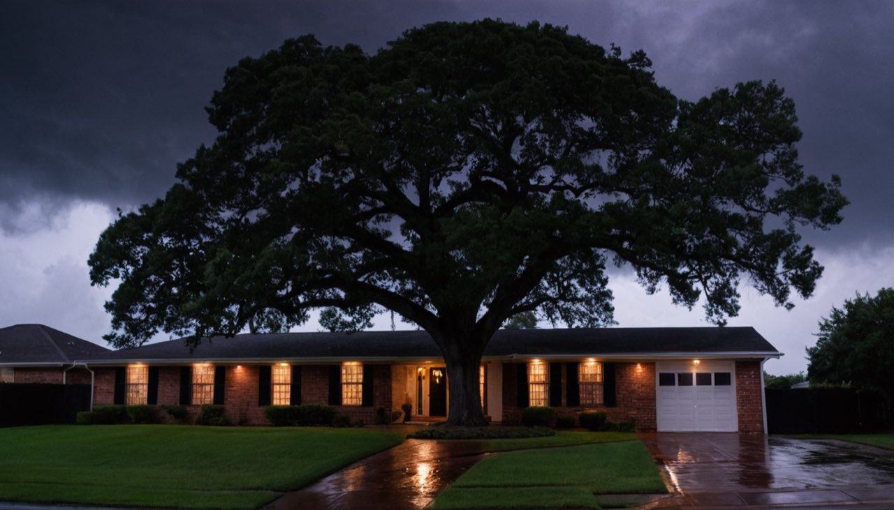 A huge oak toppling across the driveway of a suburban house in a storm.