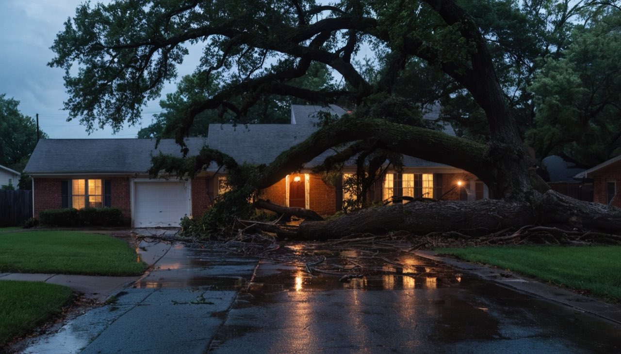 A large oak fallen across a suburban driveway at dusk after a storm.