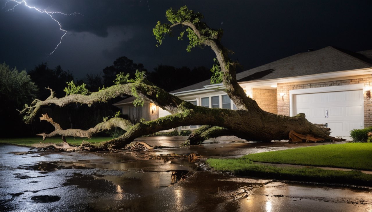 The same house at night, the fallen tree in silhouette, one window lit.