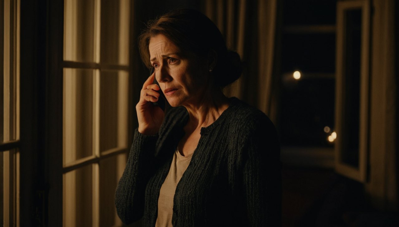 A woman at a dark window at night with a phone to her ear.