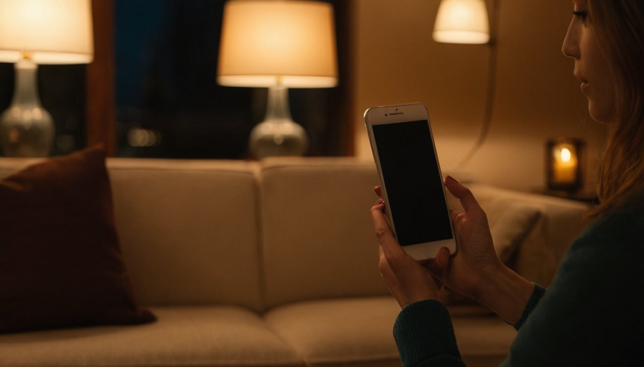 Close up of a hand holding a phone in a warm lamplit room.