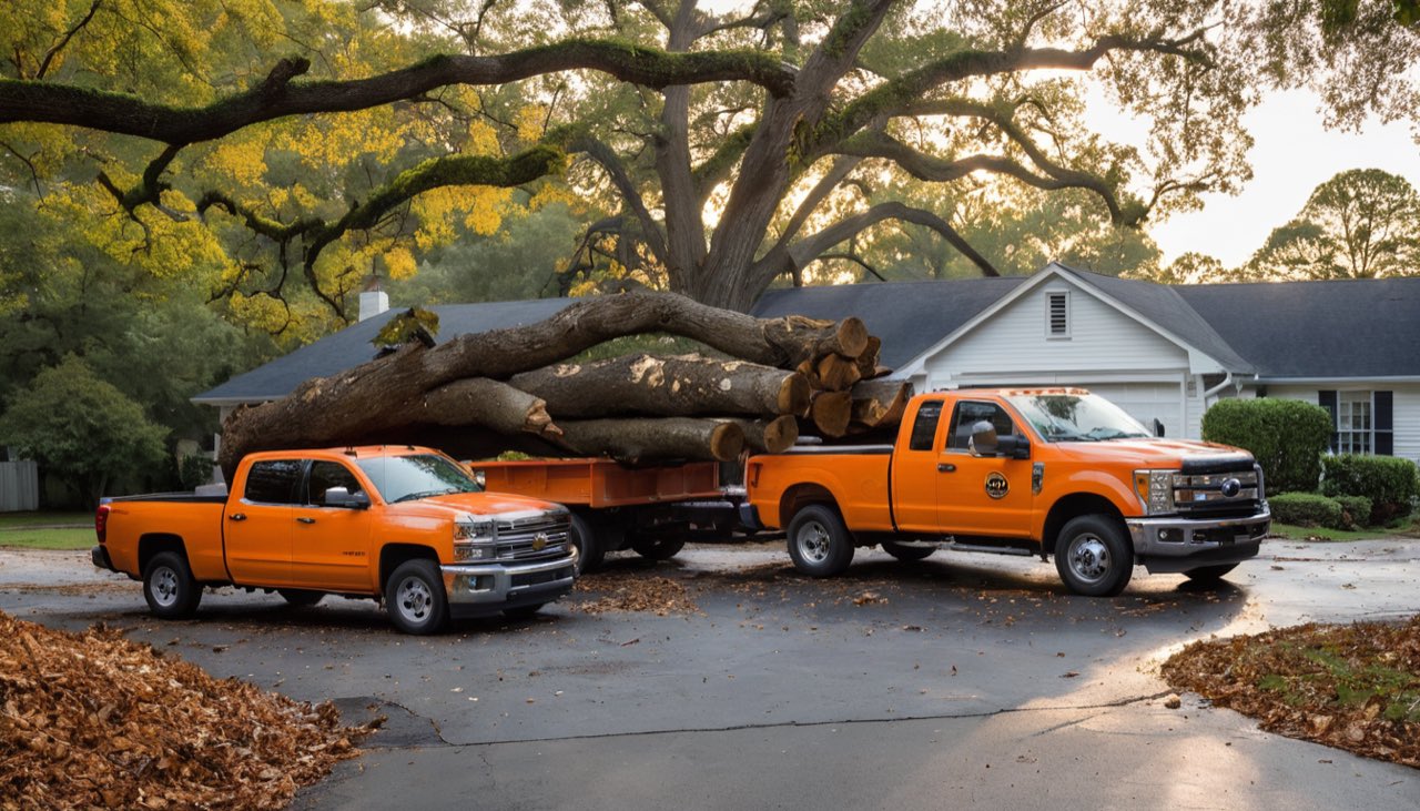 Tree service trucks at the curb in morning light beside the fallen oak.