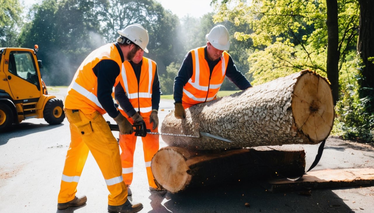 Two workers cutting the fallen trunk with a chainsaw.